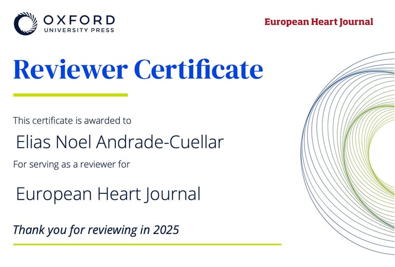 Reviewer Certificate from Oxford University Press awarded to Elias Noel Andrade-Cuellar for serving as a reviewer for the European Heart Journal in 2025