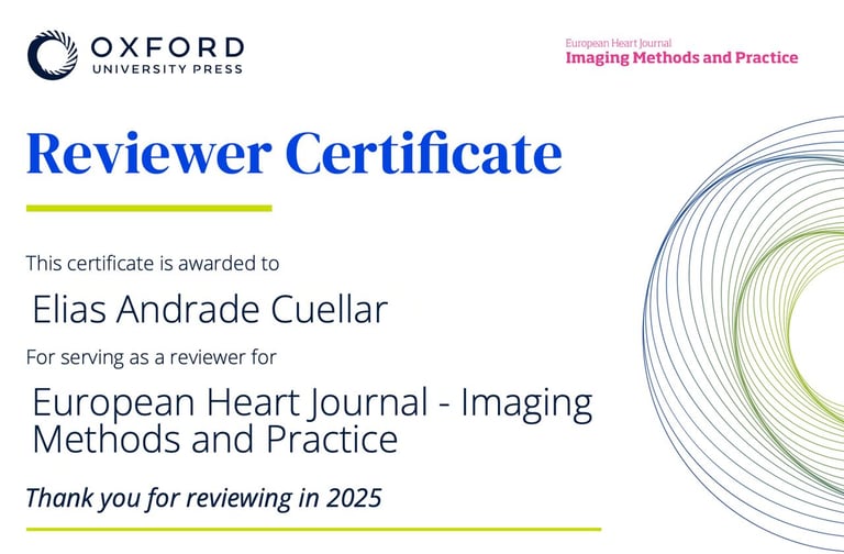 Oxford University Press Reviewer Certificate awarded to Elias Andrade Cuellar for reviewing European Heart Journal Imaging Methods and Practice in 2025