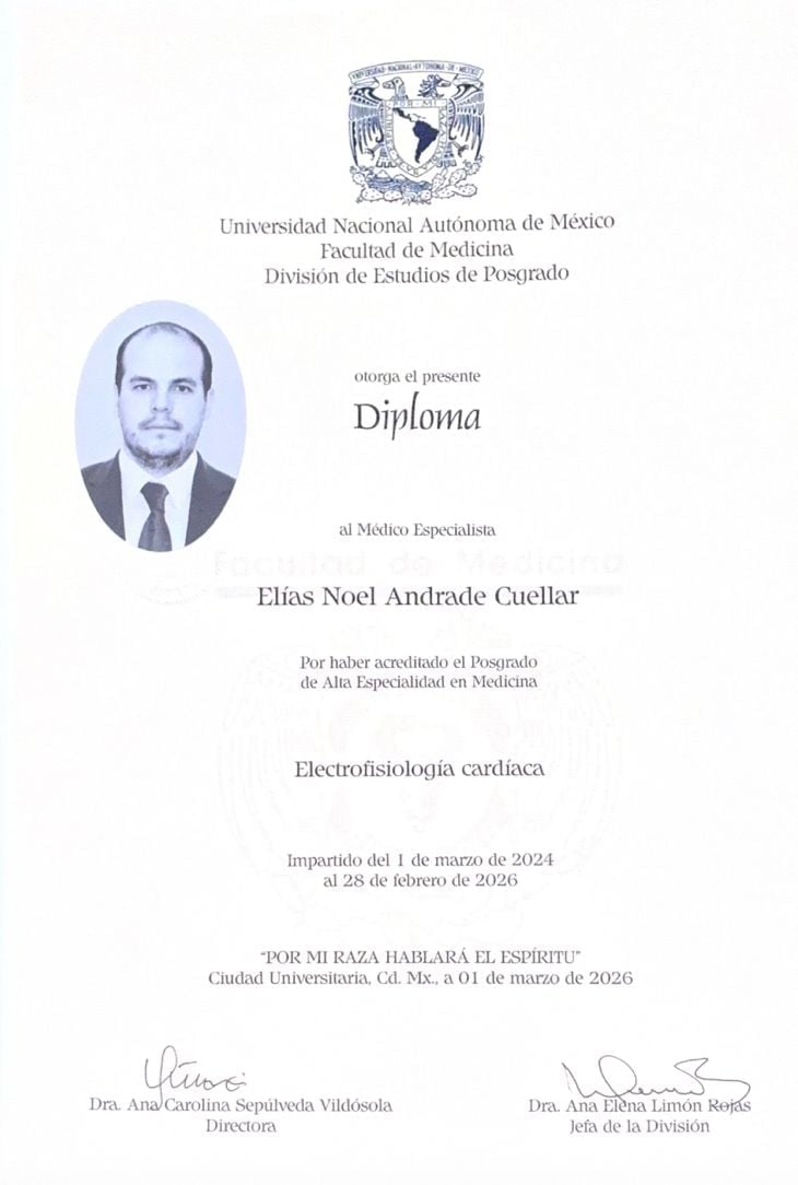 Diploma from Universidad Nacional Autónoma de México Faculty of Medicine for Elías Noel Andrade Cuellar in Cardiac Electrophysiology