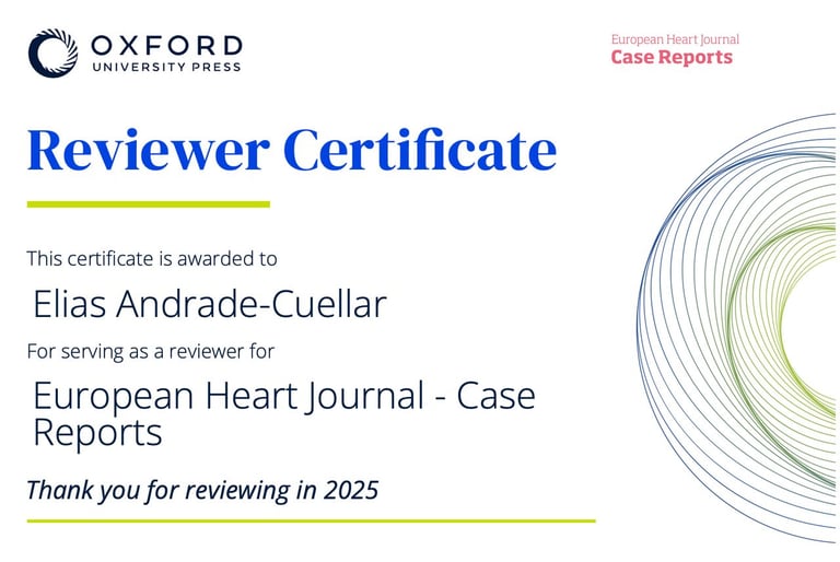 Reviewer Certificate from Oxford University Press awarded to Elias Andrade-Cuellar for European Heart Journal Case Reports 2025