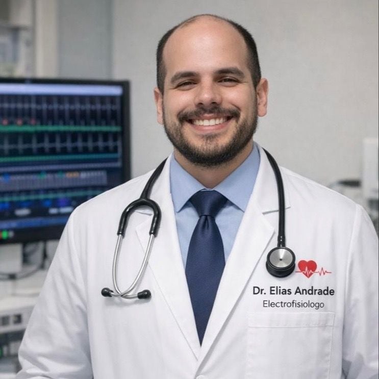 Dr. Elias Andrade, electrophysiologist, smiling in white coat with stethoscope in clinical setting