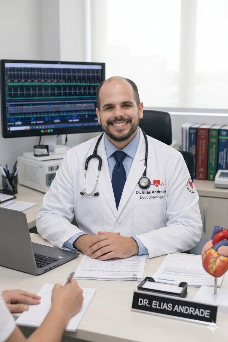 Male cardiologist Dr. Elias Andrade smiling at desk with stethoscope, wearing white coat in medical office with EKG monitor and medical books