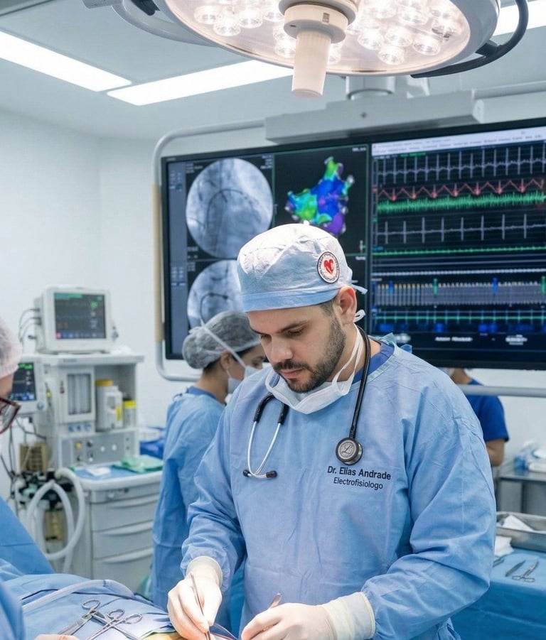 Surgeon in blue surgical attire performs a procedure in a modern operating room with monitors displaying medical imaging and cardiac data.