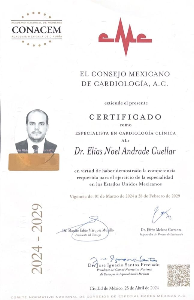 Medical certification from CONACEM for Dr. Elias Noel Andrade Cuellar as a clinical cardiology specialist in Mexico, valid 2024-2029